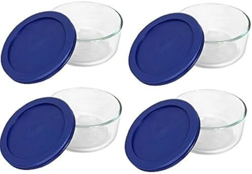 Glazen kom van 2 kopjes met donkerblauw deksel, 4 stuks Glazen kom van 2 kopjes met donkerblauw deksel, 4 stuks