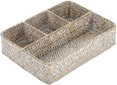 Bureaulade-organizer, koffiehoek-organizer, theezakjes-organizer, geweven opbergmand van zeegras met 4 vakken, handgeweven rieten mand voor planken, voorraadkast, koffiehoek, wit Bureaulade-organizer, koffiehoek-organizer, theezakjes-organizer, geweven opbergmand van zeegras met 4 vakken, handgeweven rieten mand voor planken, voorraadkast, koffiehoek, wit