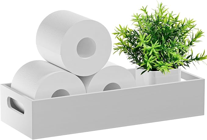 Bamboe toiletpapierhouder, bamboe dienblad met handvat voor de badkamer, toiletpapierbakje, mandje, tissuehouder, organizer voor achter het toiletreservoir, wit Bamboe toiletpapierhouder, bamboe dienblad met handvat voor de badkamer, toiletpapierbakje, mandje, tissuehouder, organizer voor achter het toiletreservoir, wit