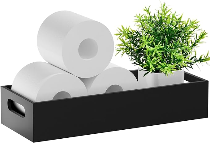 Bamboe toiletpapierhouder, bamboe dienblad met handvat voor de badkamer, toiletpapierhouder/organizer/mandje voor toiletpot/aanrecht, naturel, zwart Bamboe toiletpapierhouder, bamboe dienblad met handvat voor de badkamer, toiletpapierhouder/organizer/mandje voor toiletpot/aanrecht, naturel, zwart