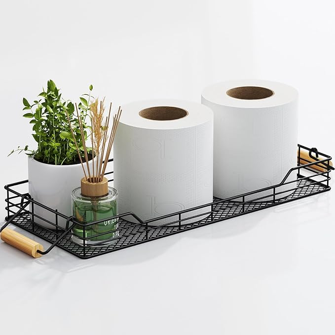 Metalen toiletpapierhouder, toiletbakbakje met bamboe handvat, opbergmandje voor achter het toilet, decoratie voor de badkamer of het aanrecht, zwart Metalen toiletpapierhouder, toiletbakbakje met bamboe handvat, opbergmandje voor achter het toilet, decoratie voor de badkamer of het aanrecht, zwart