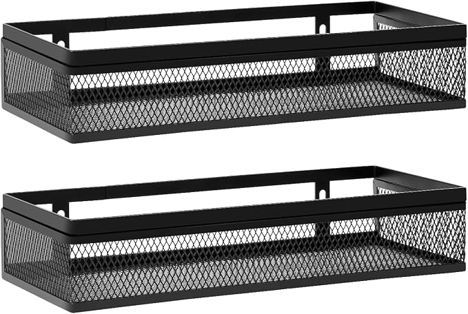 Hangende wandopbergmanden met zelfklevende haken en schroeven, metalen draadmanden voor huisdecoratie, keuken, badkamer, voorraadkast, wasruimte, kledingkast, garage, camper, zwart, 2 stuks, met net. Hangende wandopbergmanden met zelfklevende haken en schroeven, metalen draadmanden voor huisdecoratie, keuken, badkamer, voorraadkast, wasruimte, kledingkast, garage, camper, zwart, 2 stuks, met net.