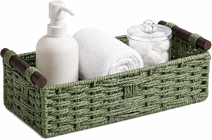 Saliegroene geweven badkamermand met houten handvatten — Toiletpapierhouder, groene rieten achterkant, boho badkamerdecoratie, dienblad voor op het toilet of een plankje Saliegroene geweven badkamermand met houten handvatten — Toiletpapierhouder, groene rieten achterkant, boho badkamerdecoratie, dienblad voor op het toilet of een plankje