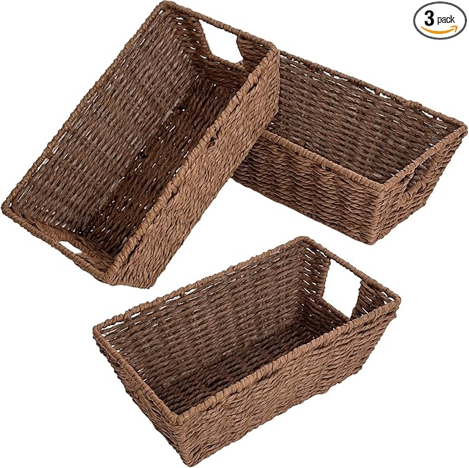 Papieren touw opbergmandjes voor het organiseren van planken, kleine handgeweven rieten opbergmandjes met handvat voor het opbergen van toiletpapier in de badkamer, bruin, 3-pack Papieren touw opbergmandjes voor het organiseren van planken, kleine handgeweven rieten opbergmandjes met handvat voor het opbergen van toiletpapier in de badkamer, bruin, 3-pack